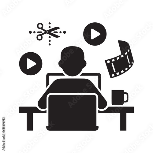 Video editor black glyph icon. Content creator at work on a laptop, post-production and motion graphics concept. Vlogger or freelancer editing footage.
