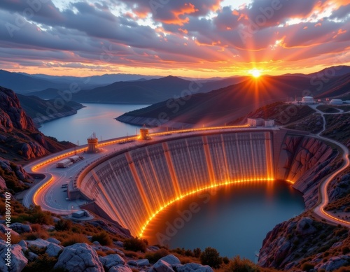 Wallpaper Mural futuristic pumped hydro storage station integrated into natural landscape, glowing reservoirs at sunset Torontodigital.ca