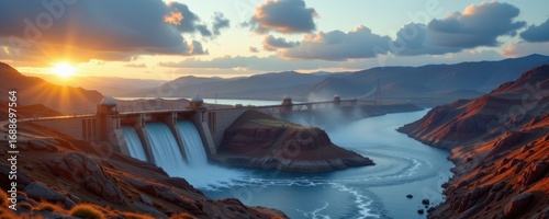 futuristic pumped hydro storage system with immense reservoirs, water channels powering turbines