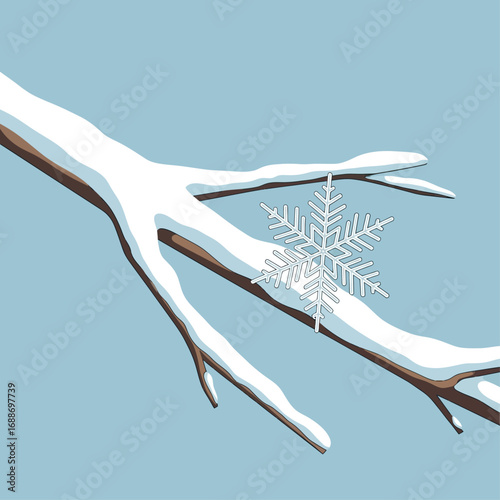 A stylized illustration depicts a snow-covered tree branch with a delicate snowflake hanging from it against a light blue background.
