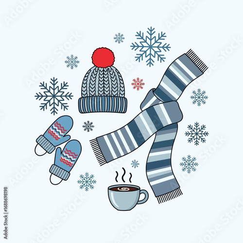 Cozy winter accessories including a knitted hat with a pompom, striped scarf, mittens, and a steaming cup of hot chocolate, surrounded by snowflakes.