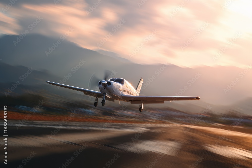 Fototapeta premium Small Aeroplane in Flight: Private Aircraft Taking Off Amidst a Scenic Sky