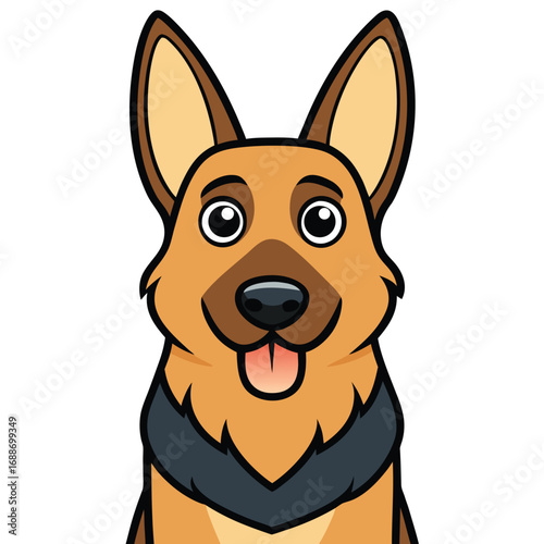 Happy cartoon German Shepherd dog face with tongue out on white background puppy canine