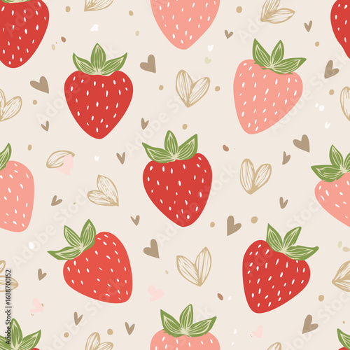 Seamless vector pattern with cute doodle strawberry. Cottagecore country background with berries and hearts. Vintage texture for wallpaper, wrapping paper, textile design