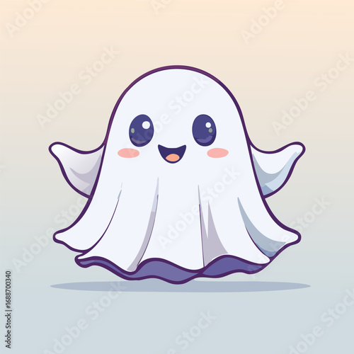 Cute cartoon ghost with big eyes and blush cheeks in kawaii style. Adorable Halloween character illustration with friendly expression, pastel colors, and playful vibe