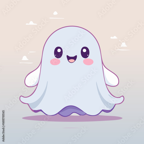 Cute cartoon ghost with big eyes and blush cheeks in kawaii style. Adorable Halloween character illustration with friendly expression, pastel colors, and playful vibe