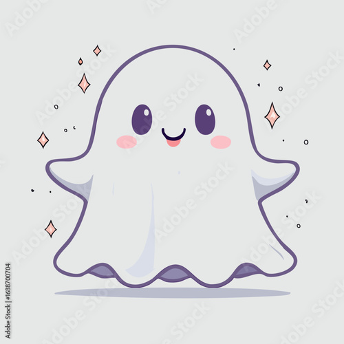 Cute cartoon ghost with big eyes and blush cheeks in kawaii style. Adorable Halloween character illustration with friendly expression, pastel colors, and playful vibe