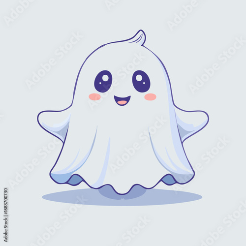 Cute cartoon ghost with big eyes and blush cheeks in kawaii style. Adorable Halloween character illustration with friendly expression, pastel colors, and playful vibe