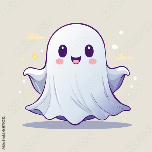 Cute cartoon ghost with big eyes and blush cheeks in kawaii style. Adorable Halloween character illustration with friendly expression, pastel colors, and playful vibe