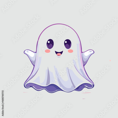 Cute cartoon ghost with big eyes and blush cheeks in kawaii style. Adorable Halloween character illustration with friendly expression, pastel colors, and playful vibe