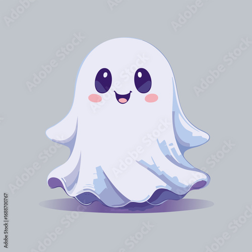 Cute cartoon ghost with big eyes and blush cheeks in kawaii style. Adorable Halloween character illustration with friendly expression, pastel colors, and playful vibe