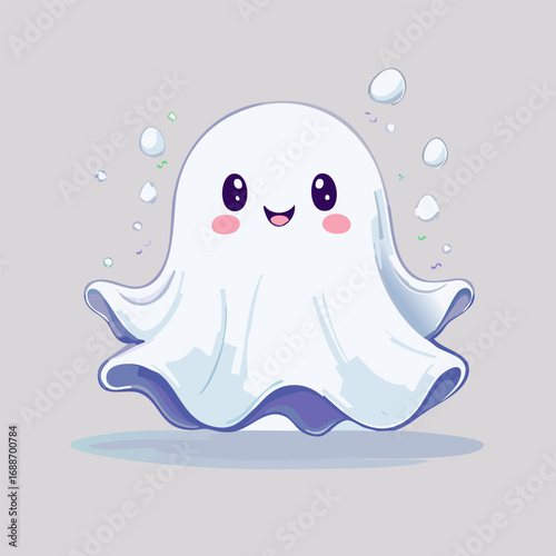 Cute cartoon ghost with big eyes and blush cheeks in kawaii style. Adorable Halloween character illustration with friendly expression, pastel colors, and playful vibe