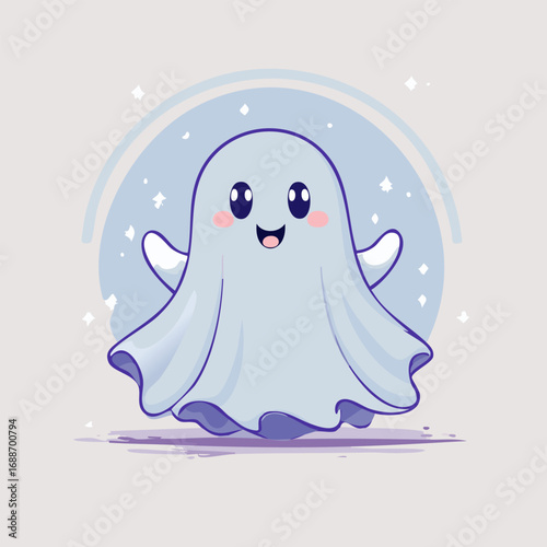Cute cartoon ghost with big eyes and blush cheeks in kawaii style. Adorable Halloween character illustration with friendly expression, pastel colors, and playful vibe