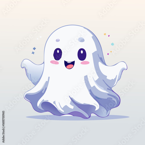 Cute cartoon ghost with big eyes and blush cheeks in kawaii style. Adorable Halloween character illustration with friendly expression, pastel colors, and playful vibe
