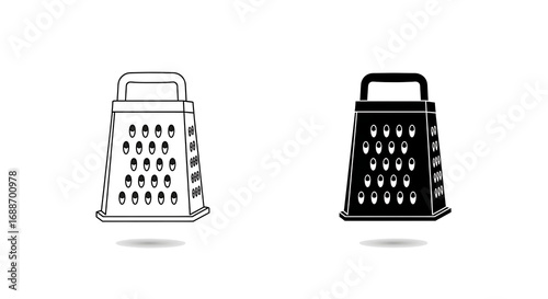 Two illustrations of a box grater, one in black and white, one in black.