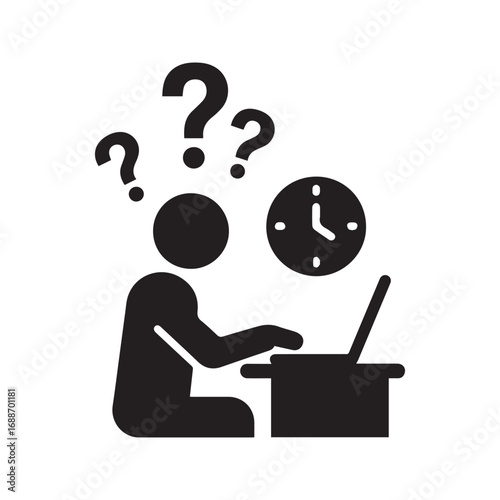 Deadline stress black glyph icon. Confused person working on a laptop with question marks and a clock, representing time management problems, procrastination, and work anxiety.
