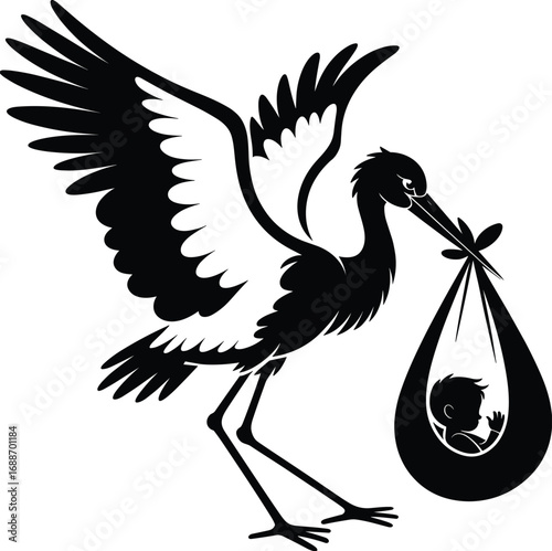 Silhouette of stork flying, carrying baby in cloth bundle, newborn delivery symbol, baby arrival concept, parental love, family growth, new life, happy parenthood