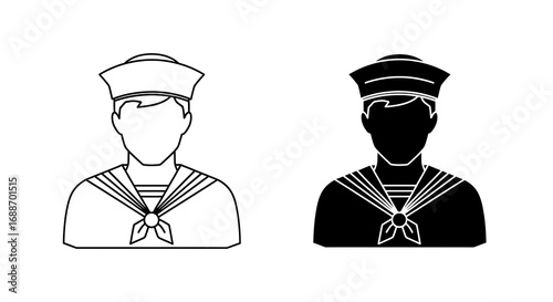 Sailor icon in black and white, wearing a hat and uniform.