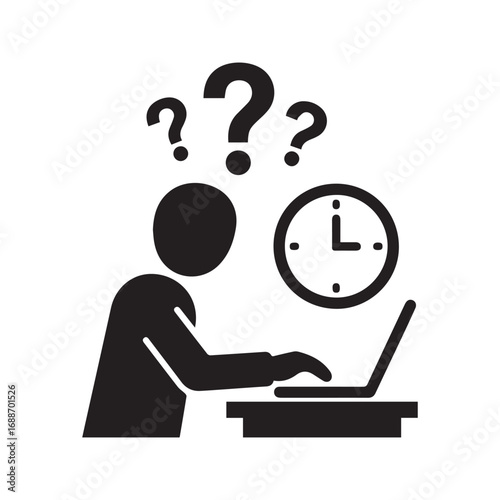 Deadline stress black glyph icon. Confused person working on a laptop with question marks and a clock, representing time management problems, procrastination, and work anxiety.
