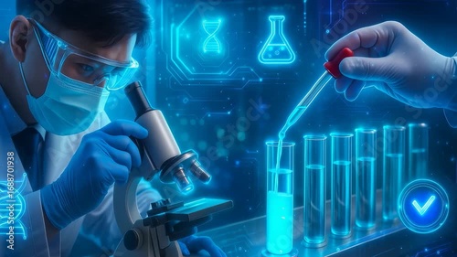 Scientist Microscope Test Tubes Pipette Lab Coat Gloves Research Experiment Desk