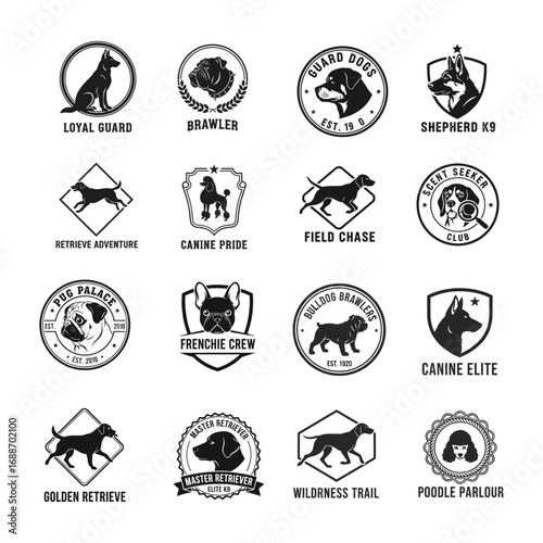 Collection of Dog Logo Designs, Black and White Vector Illustrations of Various Breeds, Canine Badges and Emblems for Pet Related Businesses