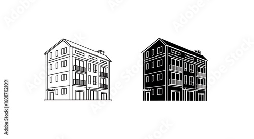 Two illustrations of a three-story building, one in outline and one in solid black.