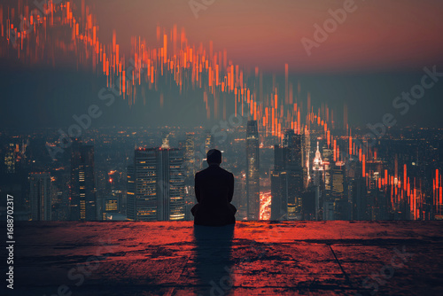back of upset sad man businessman investor in despair and depression sits on roof of a skyscraper. Collapse of currency and stock market of stocks