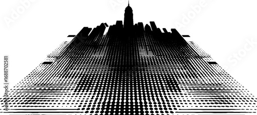 Black and white line art of a city skyline with dot pattern for modern design