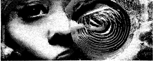 Abstract black and white line art with spiral face design