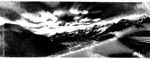 Dynamic black and white line art of mountainous landscape with dramatic sky