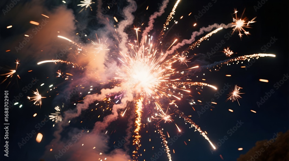 Fototapeta premium A brilliant firework explodes in a dazzling burst of golden light and sparks, illuminating the dark night sky during a celebration