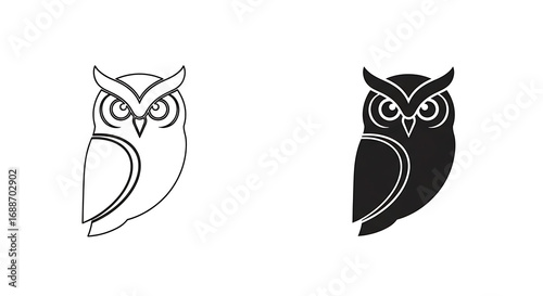 Owl illustration in outline and solid black, side view.
