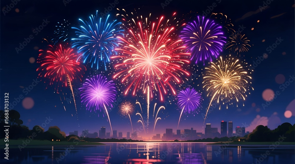 Obraz premium A spectacular display of vibrant multicolored fireworks lighting up the night sky above a cityscape reflected in tranquil water