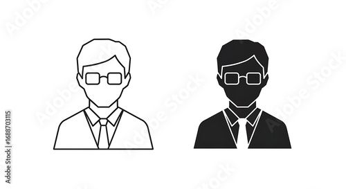 Line art illustration of a man with glasses in two styles.