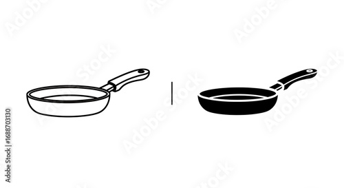 Illustration of two frying pans, one in outline and one in silhouette.