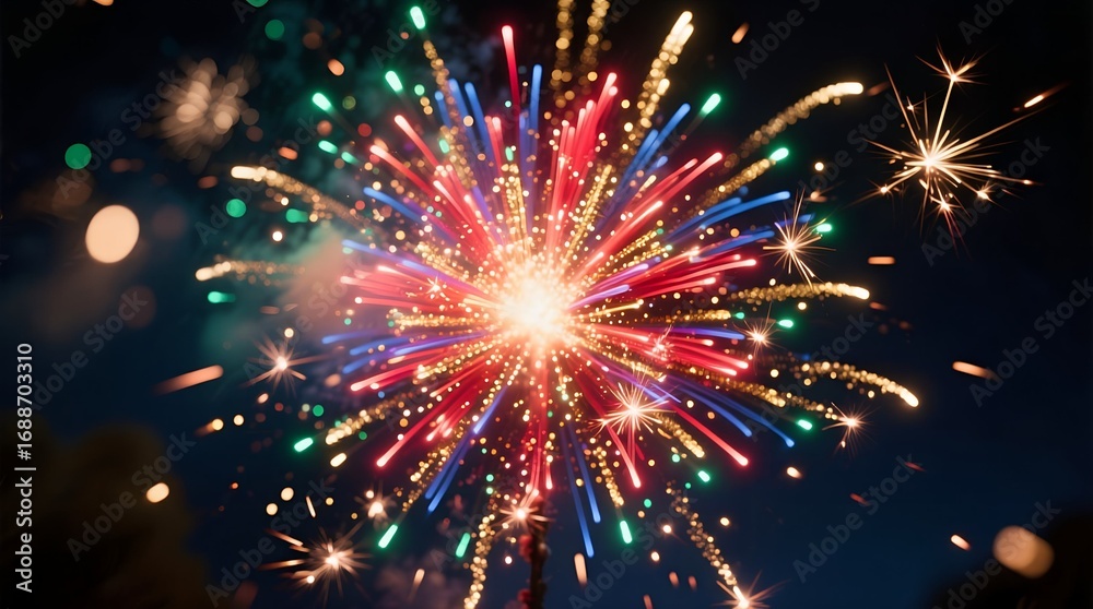 Fototapeta premium Radiant explosion of a colorful firework creating a stunning stellar pattern in the midnight sky during a festive holiday celebration