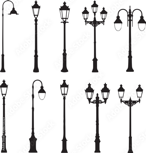 Collection of eight black silhouette vintage street lamps on white background lamppost antique