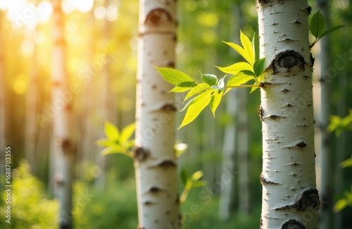 Young birch trees with fresh green leaves in a sunlit forest scene