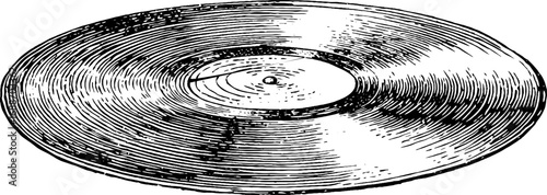 Vintage vinyl record in black and white line art for retro design