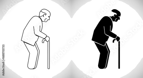 Old man with cane, black and white illustration.