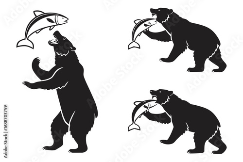 set of Bear catching fish silhouette illustration
