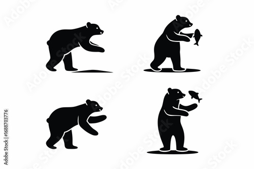 set of Bear catching fish icon silhouette illustration