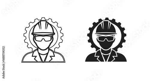 Engineer icon with helmet and gear, in black and white.