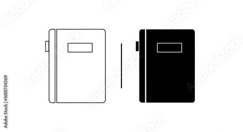 Two notebooks, one white and one black, with a rectangular label on the cover.