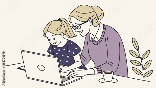 Adult and child using laptop online learning family technology happy education internet computer digital home together assistance support help girl woman teacher student lesson tutorial study working.