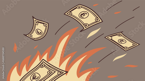Burning Money Illustration Financial Crisis Loss Bankruptcy Concept Design.