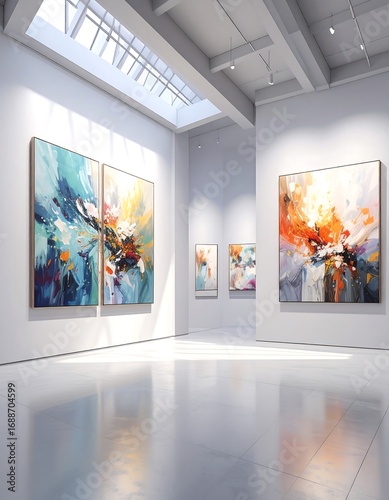 Modern Art Gallery with Vibrant Abstract Paintings