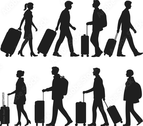 Silhouettes of diverse travelers walking with suitcases and backpacks, airport journey, business trip, travel concept, people walking, luggage, adventure, vacation, commuting, travel lifestyle