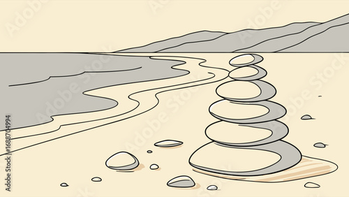 Calm beach scene with stacked stones zen garden illustration minimalist coastal art serene nature background for meditation yoga spa wellness design.