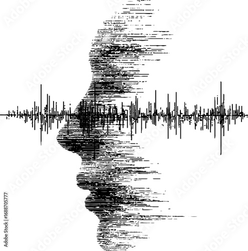 Abstract soundwave and human profile in black and white line art for creative design